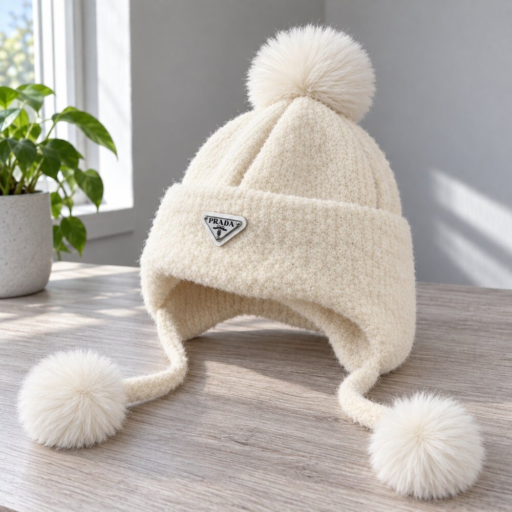 Prada Ivory Earflap Hat with Pom-Poms - Picture 4 of 6
